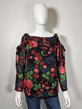 Club Monaco Black Flowy Floral Silk Blouse Sz M